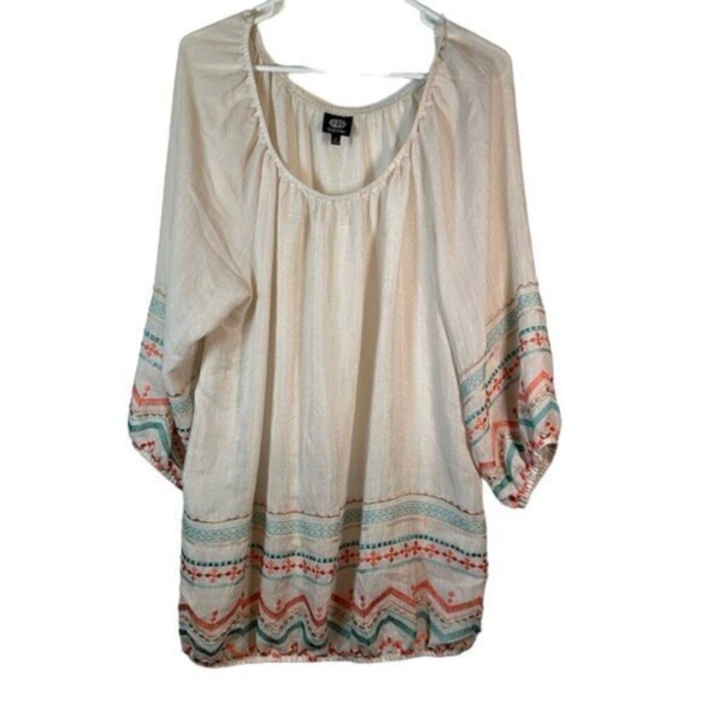 Bobeau Bohemian Embroidered 3/4 Peasant Sleeve Size 1X EUC #0931-AZ